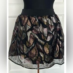 Free People Black Mini Skirt with Metallic Gold & Bronze Leaf Print - Sz Small